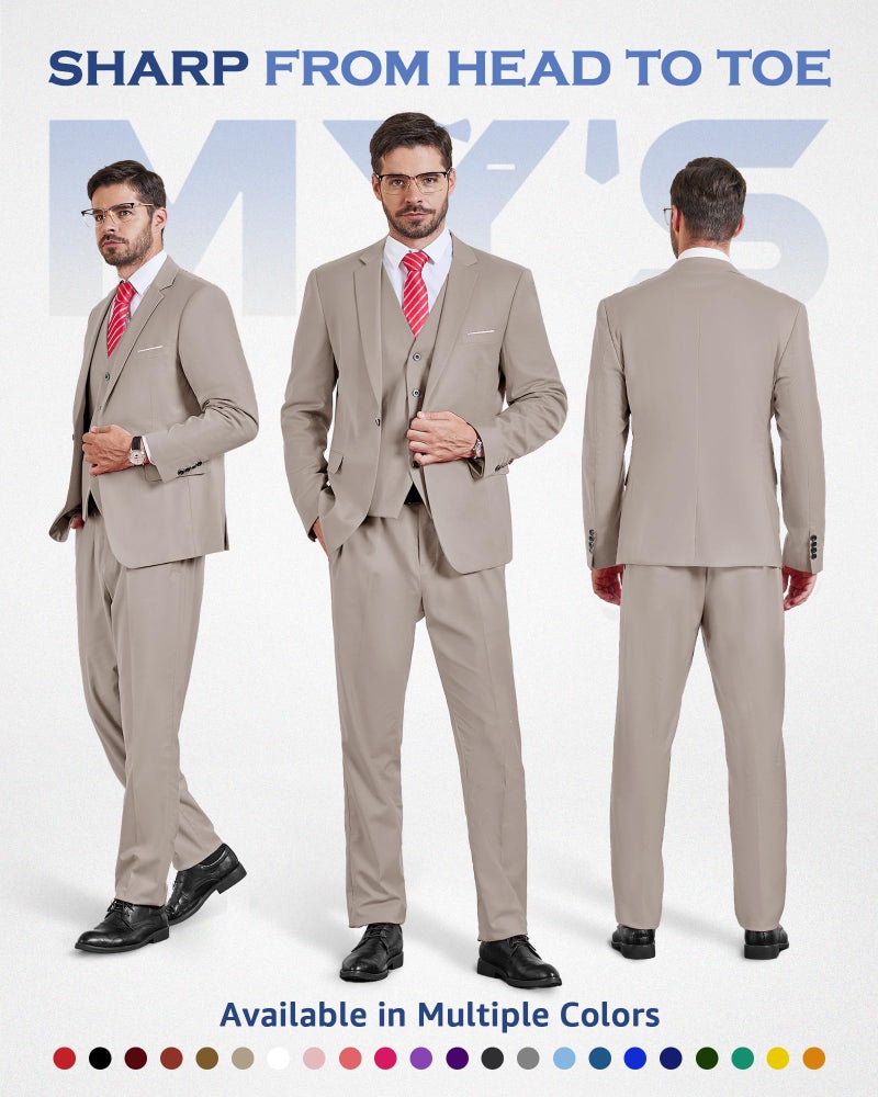 MYS MY'S Men's 3 Piece Suit Set with Tie, One Button Slim Fit Solid Jacket Vest Pants, Prom Party Wedding Business Suits for Men, Beige X-Small - Image 2